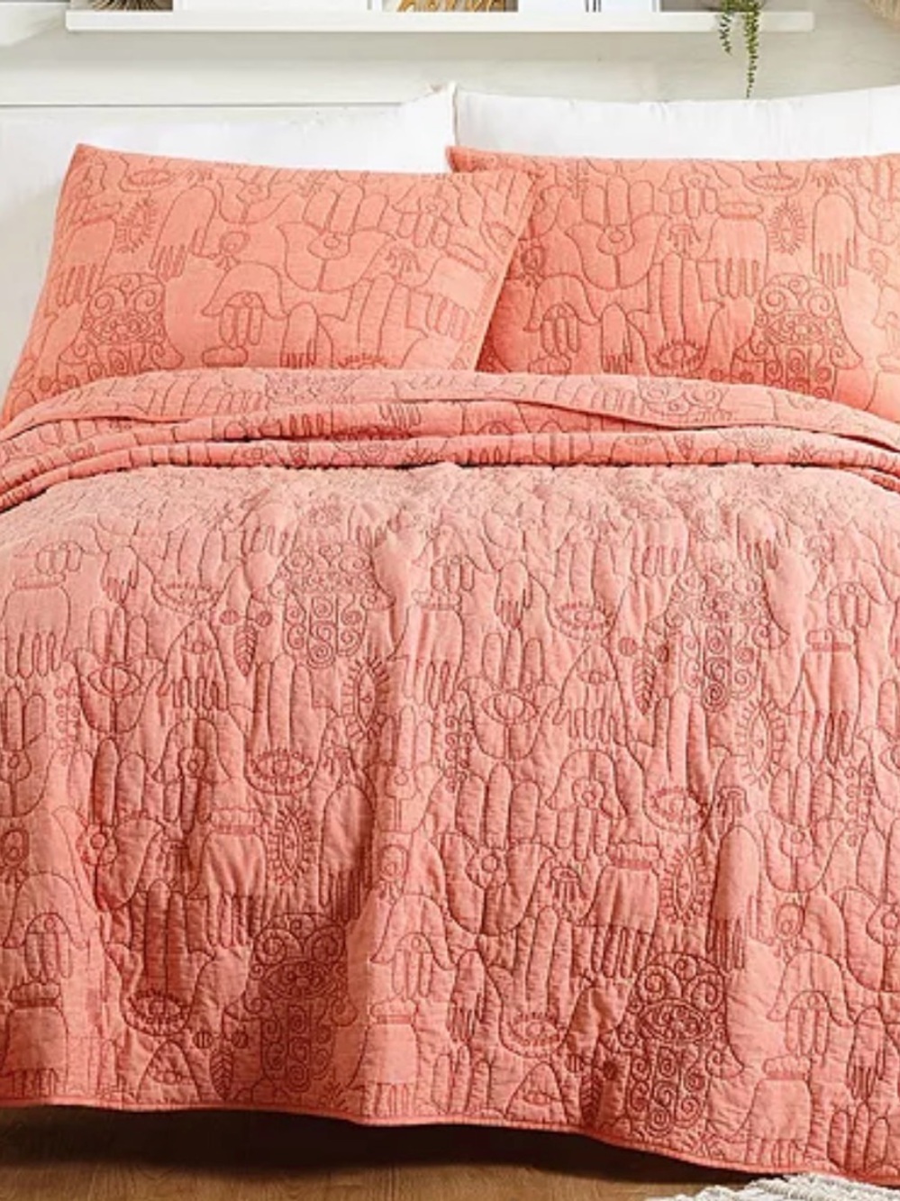 Coral Hamsa and Evil Eye Quilted Full/Queen Bedspread with 2 Shams